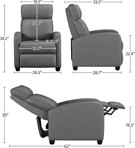 Miniatura 3 de Yaheetech Asiento de cine en casa, silla reclinable de piel sintética, moderna para sala de estar, sofá reclinable con bolsillo, color gris primavera