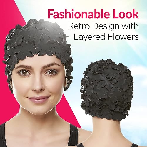 Miniatura 6 de BeeMo Gorro de natación de látex para mujer, gorro de natación de goma, suave, cómodo, elástico, elegante, diseño de corte bajo, protege el cabello