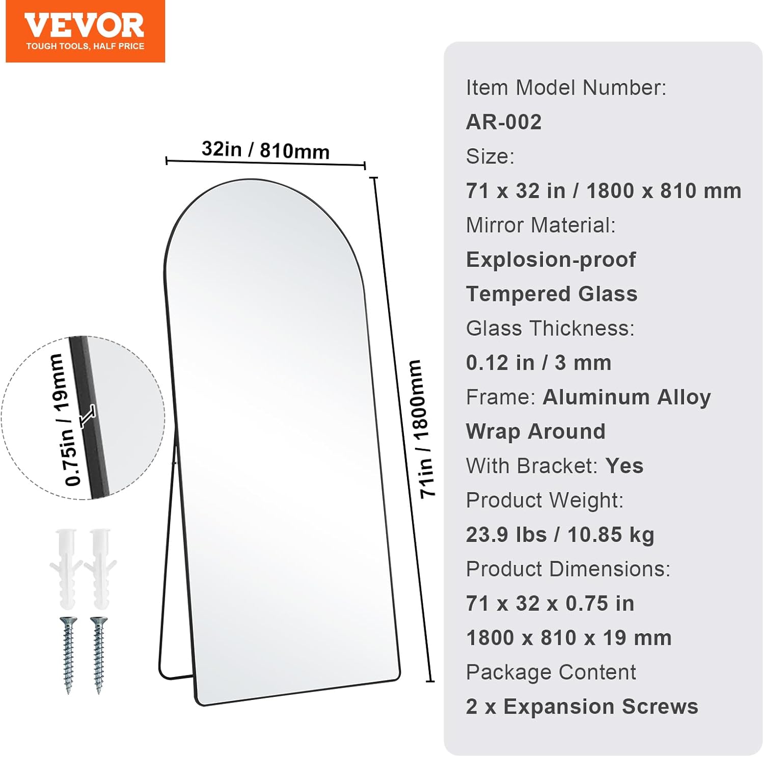 VEVOR Full Length Mirror, 71'' x 32'' Large Black Arched Floor Mirror with Stand Aluminum Alloy Frame, Free Leaning Hanging Wall Mounted, Full Body Mirror for Bedroom Living Room