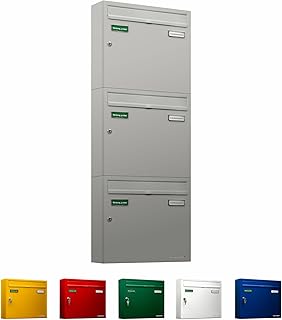 AL Briefkastensysteme Basic 3er Briefkasten RAL 9006 Weiß Aluminium Silber Edelstahl-farbig 3 Fach DIN A4 wetterfest Briefkastenanlage mit Posthaltebügel und 2 Namensschildern