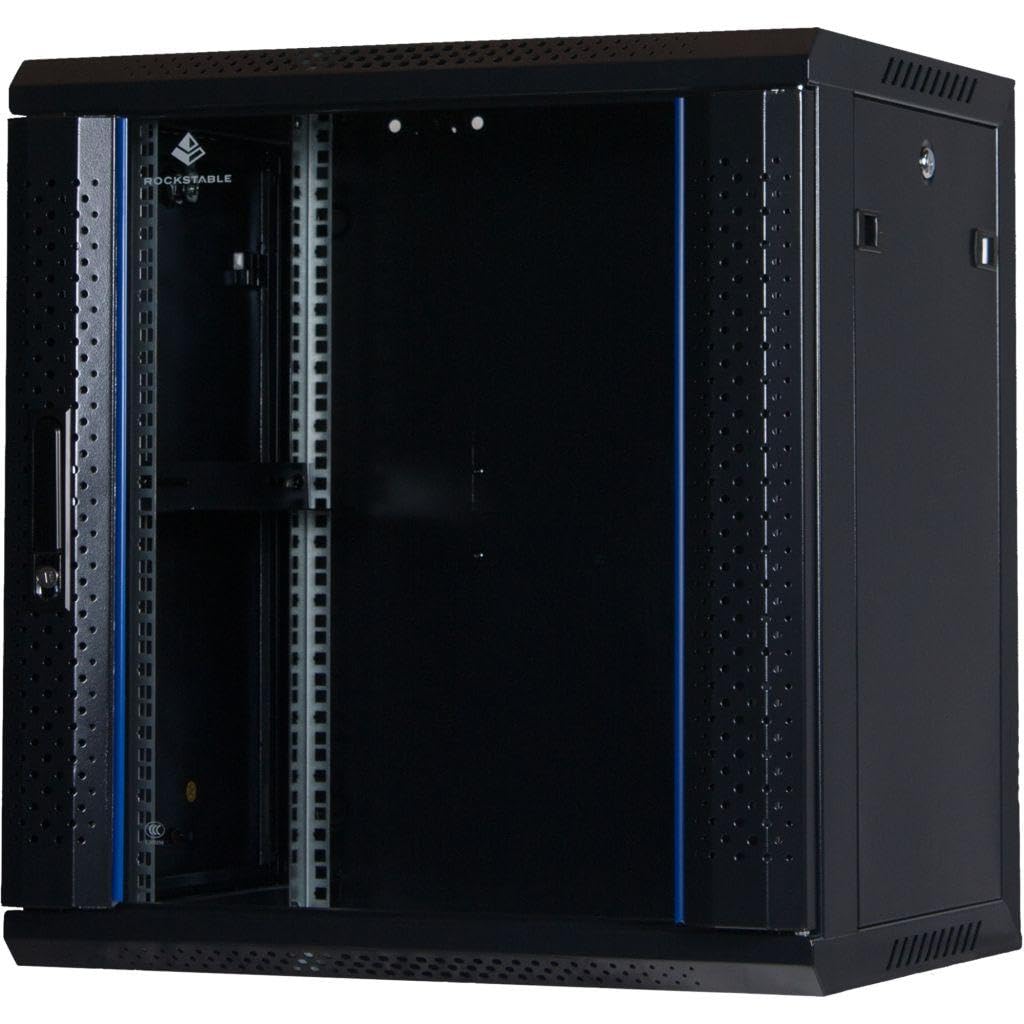 Rockstable 12HE Netzwerkschrank, Serverschrank - 19 Zoll Wandmontage - (BxTxH) 600x440x637mm mit Glastür - Schwarz - Abschließbar - Vormontiert - Traglast 60kg