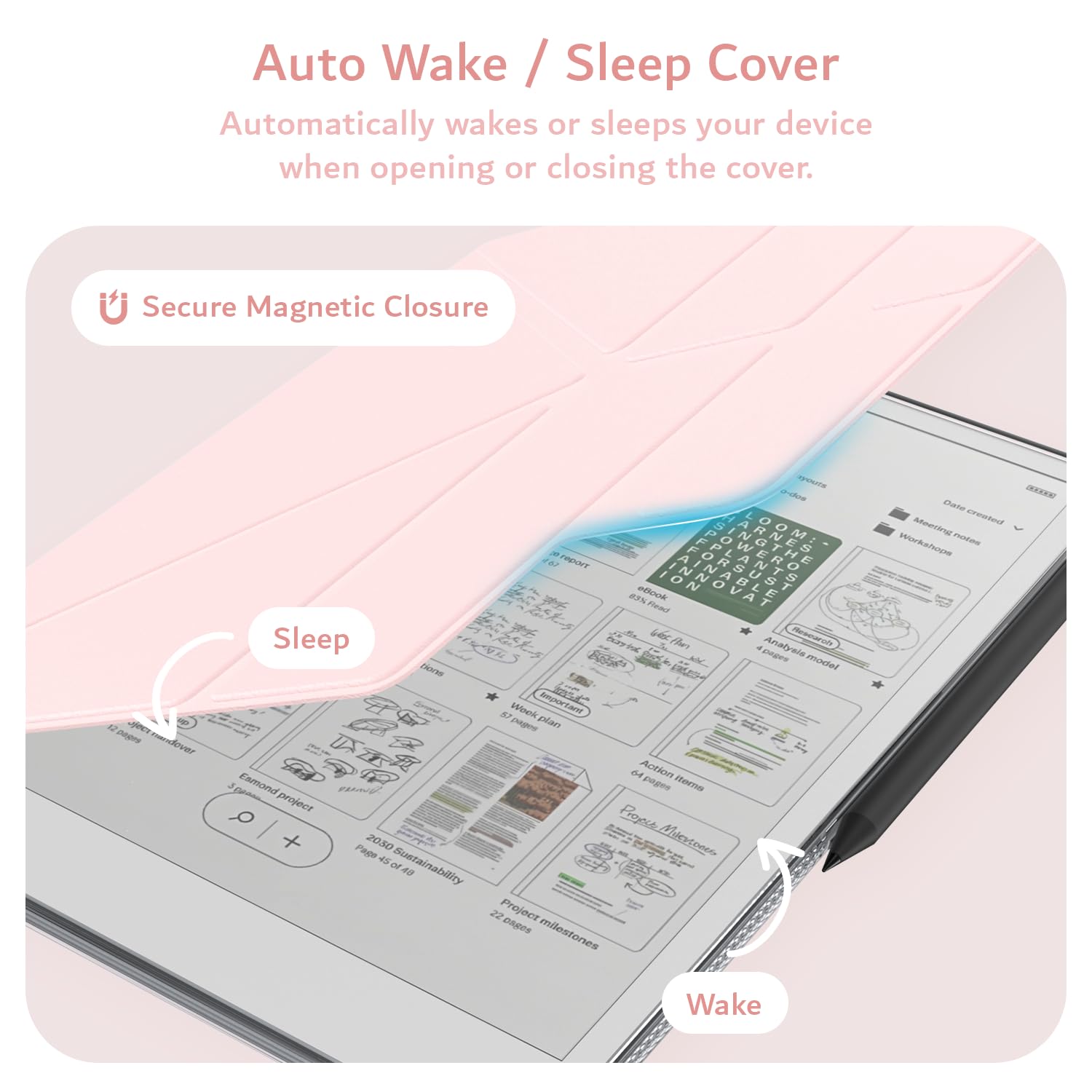 TUDIA M-FLIP Detachable Clear Magnetic Case for reMarkable Paper Pro 11.8" - Slim Transparent Cover with [Auto Wake/Sleep] Strong Magnetic Closure, Foldable Stand & Built-In Stylus Slot (Pink) - 4