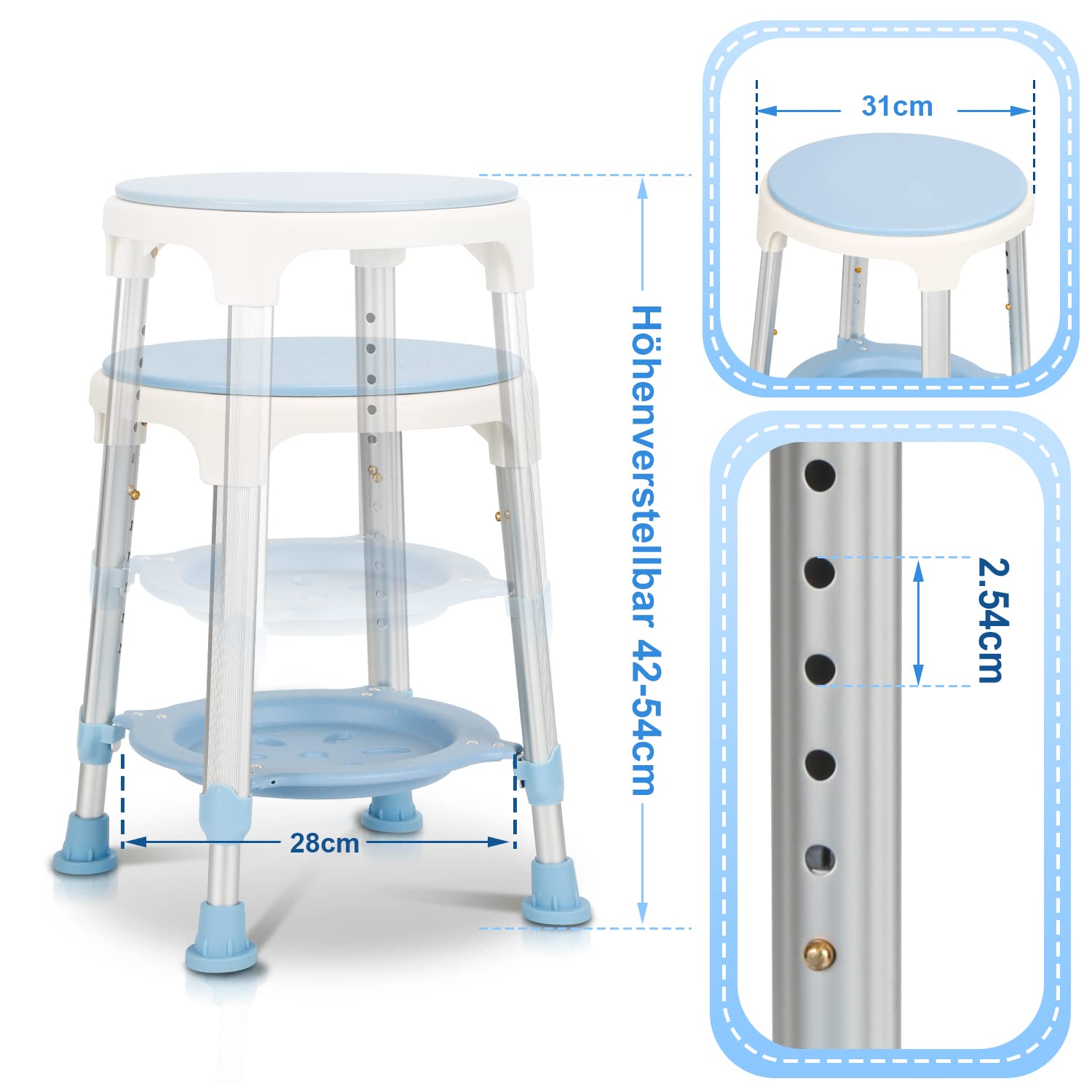 Taburete de ducha giratorio 360°, taburete de baño y asiento con espacio de almacenamiento, altura ajustable, 42-54 cm, carga 136 kg, taburete de baño estable para la ducha