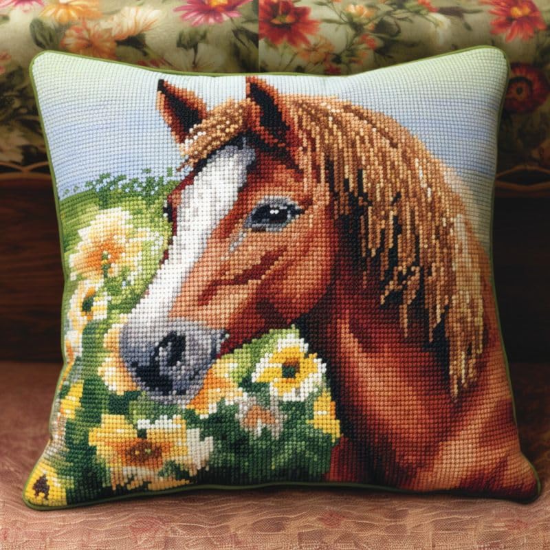 Flower Horse Latch Hook Kits Cushion Pillow Cover Set Latch Hook Kits Throw Pillowcase Craft Crochet Needlework Printed Pattern Canvas Cushion Craft