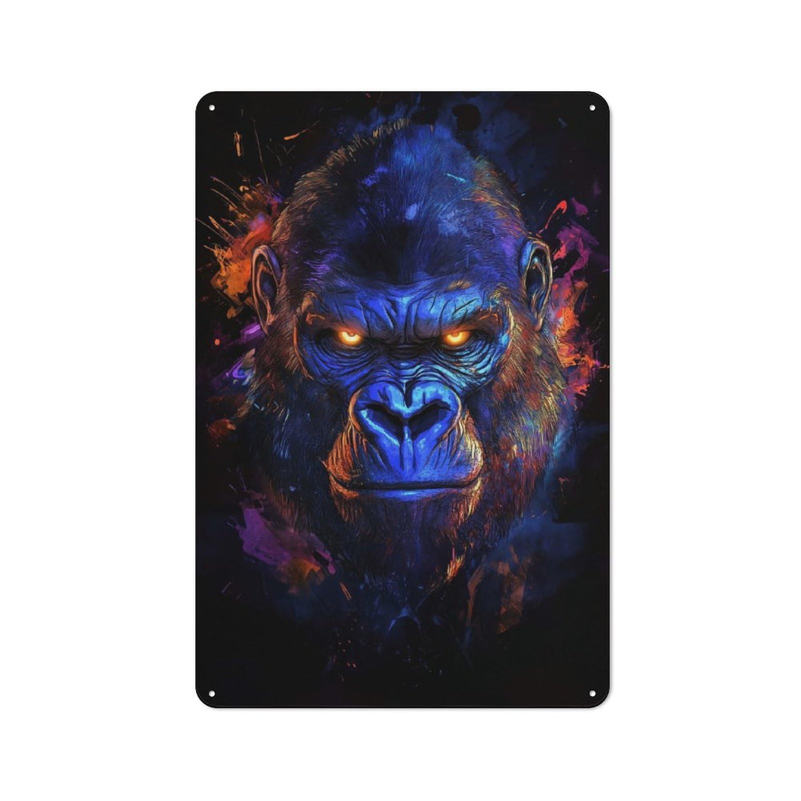Gorilla Portrait with Neon Colors Warehouse Style Metal Wall Decor 30x20cm, Industrial Metal Sign for Workspace, Cafe, Hallway Or Garage