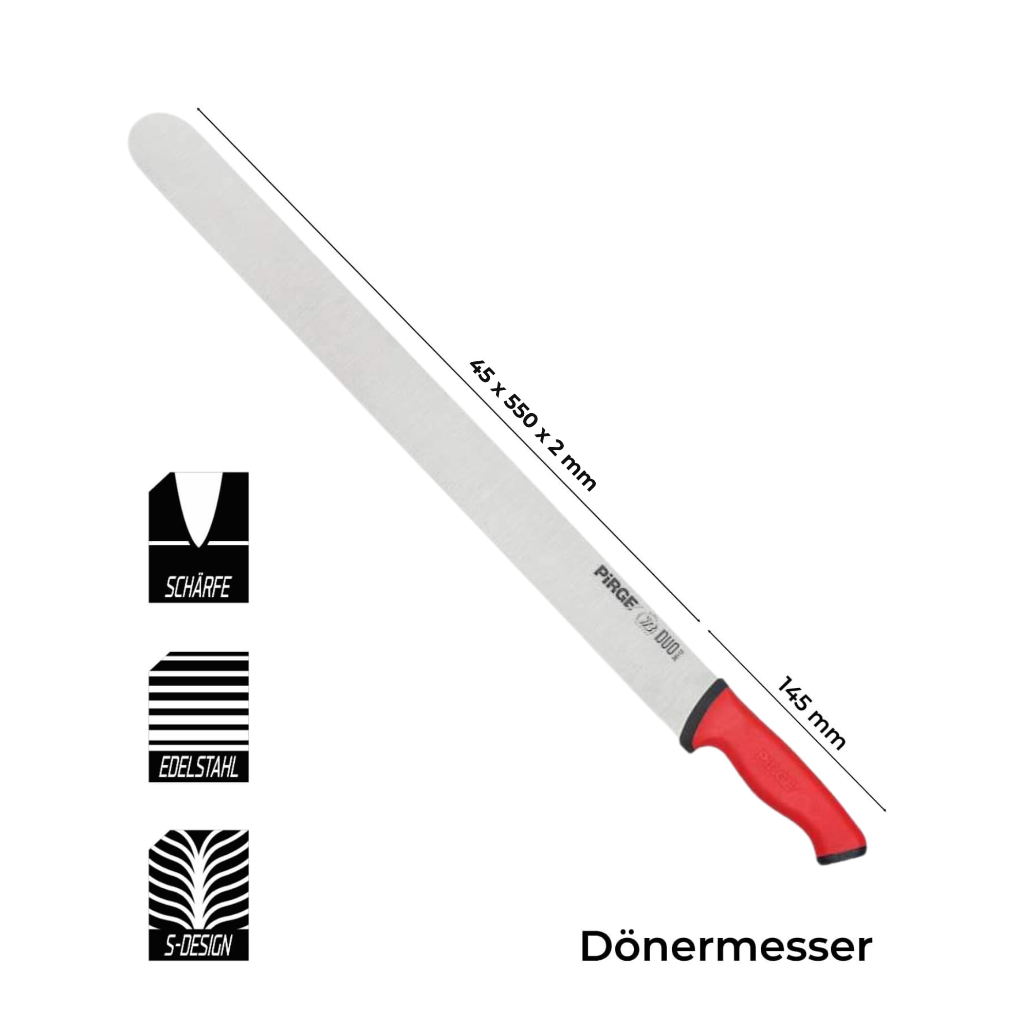 Pirge Duo Red Doner nóż do kebaba, 55 cm, długie ostrze ze stali nierdzewnej do krojenia mięsa i grillowania, profesjonalna jakość szefa kuchni, ergonomiczny uchwyt