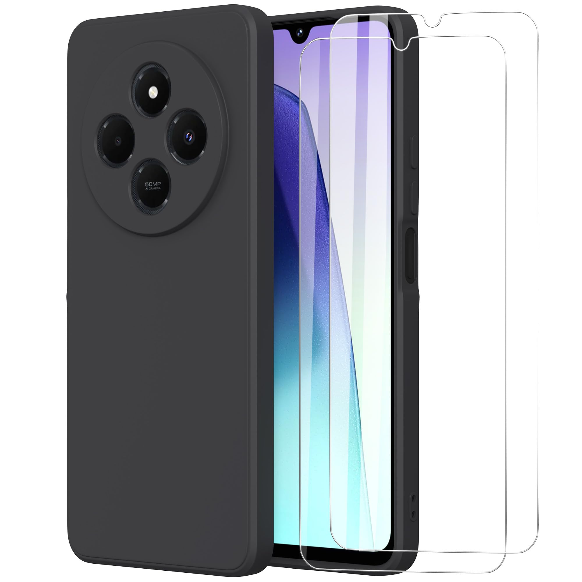 MOONESS Cover per Xiaomi Redmi 14C 4G (6.88") Custodia,Con 2 Pellicola Vetro Temperato Morbida Sottile Liquid TPU Case - Nero