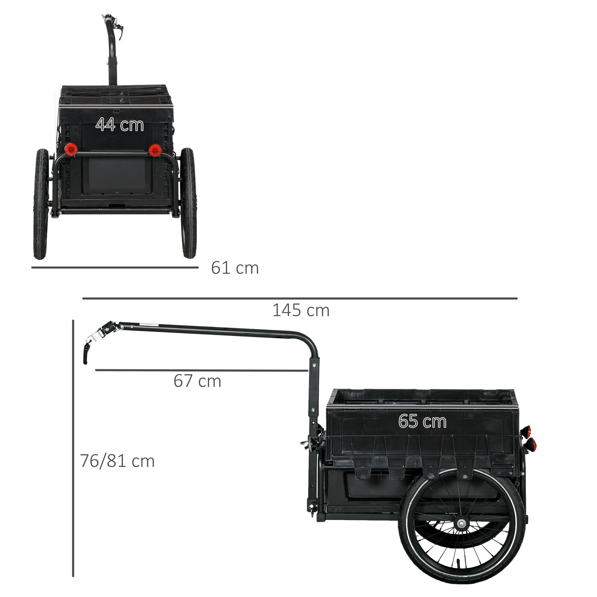 HOMCOM Rimorchio Carrello da bicicletta con vano portaoggetti rimovibile e pieghevole da 65 l, pneumatici e riflettori di sicurezza, carico massimo di 40 kg