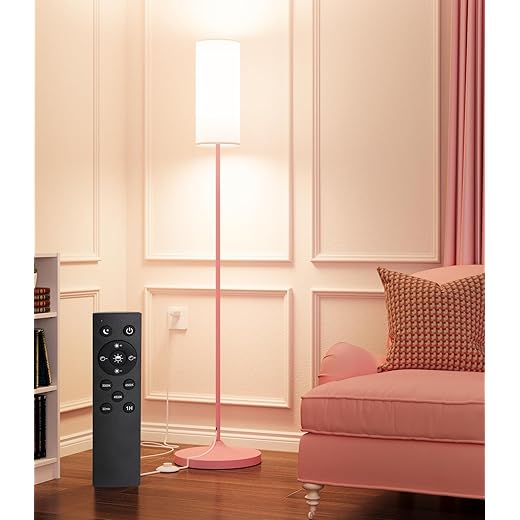 luckystyle LED Floor Lamp for Living Room, Dimmable Tall Lamps with Foot Switch,Remote Custom Color Temperature Pink Pole Lamp with Lampshade,12W Led Bulb Standing Lamps for Bedroom Office Kid Room