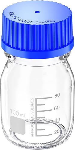 100ml Glass Round Media Storage Bottles with GL45 Screw Cap, Borosilicate Glass, Reagent Bottle Graduations,Pour Ring Included (Pack of 2)