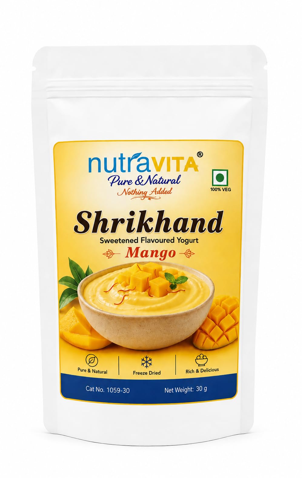Nutra Vita Freeze Dried Mango Shrikhand (Sweet Ygurt)| Authentic Indian Dessert | Ready-to-Eat | No Preservatives | Vegetarian | Lightweight Snack | 30g packed in reusable PET Bottle-image-9