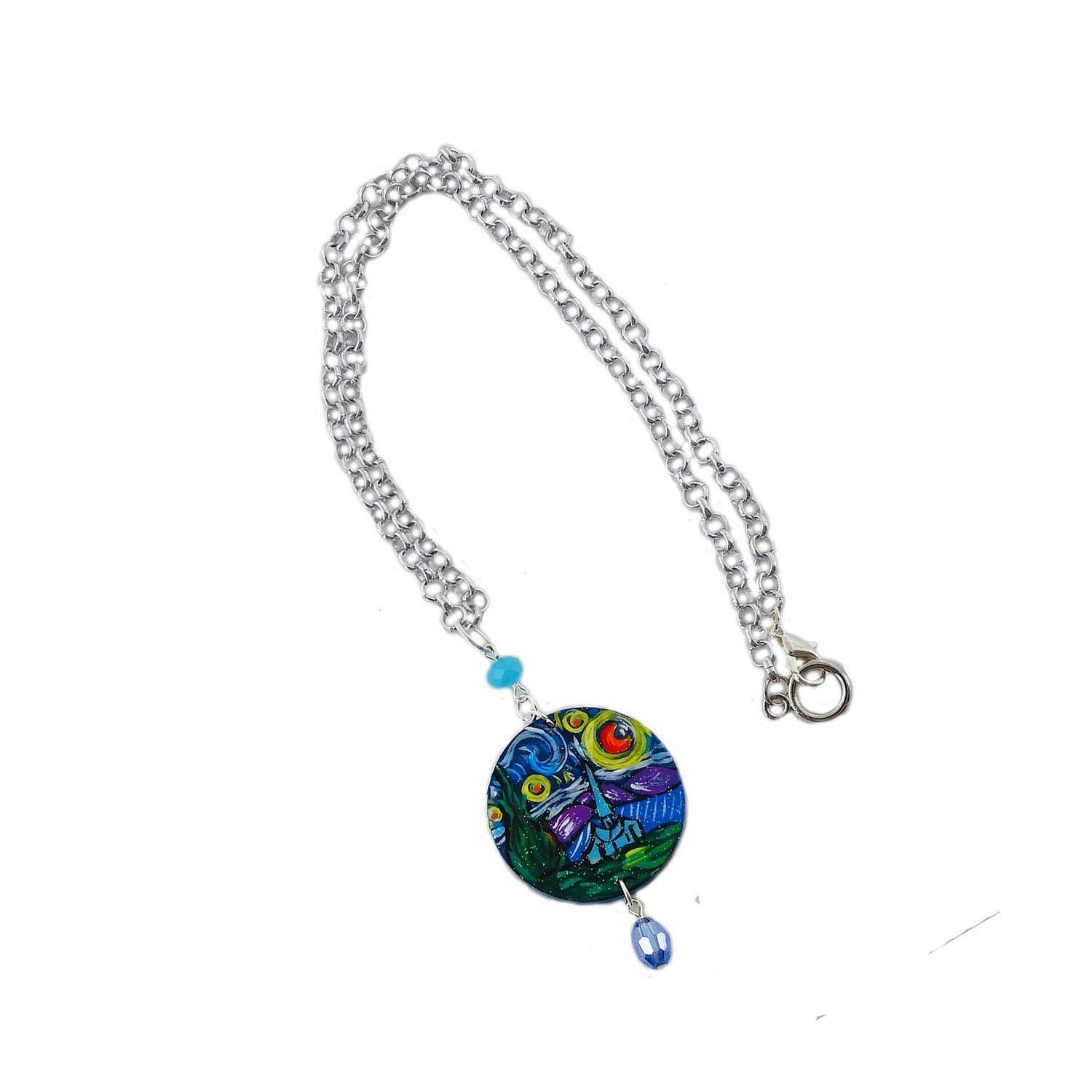 Collar con colgante pintado a mano – La noche estrellada, cuadro famoso – Collar con colgante pintado a mano, medallón de madera pintado a mano, joya elegante en madera totalmente pintada