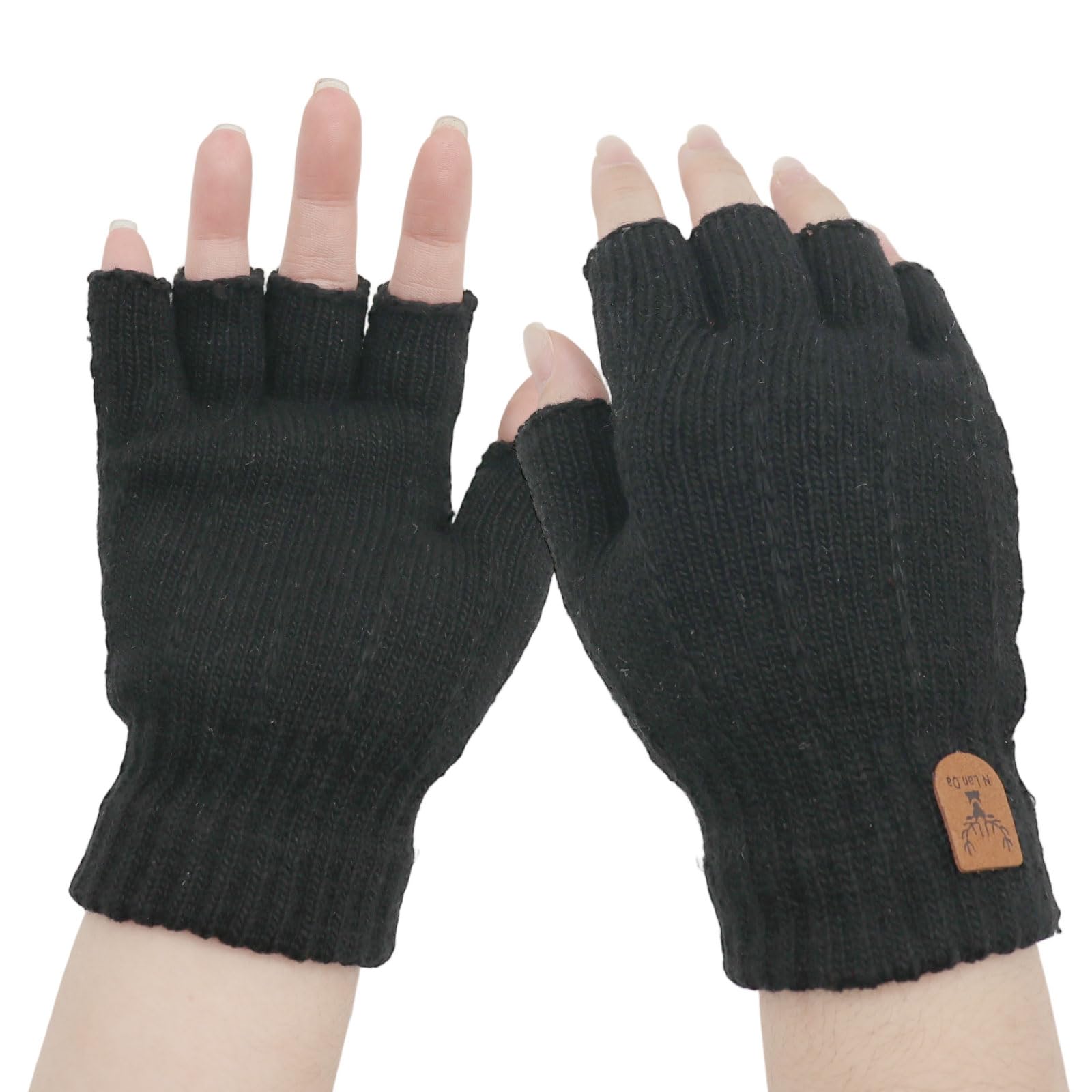 Kaslcwa Men's Black Fingerless Gloves For Knit Thermal Fingerless Gloves, Winter Warm Half Finger Glove For Outdoor, Running, Cycling, Working