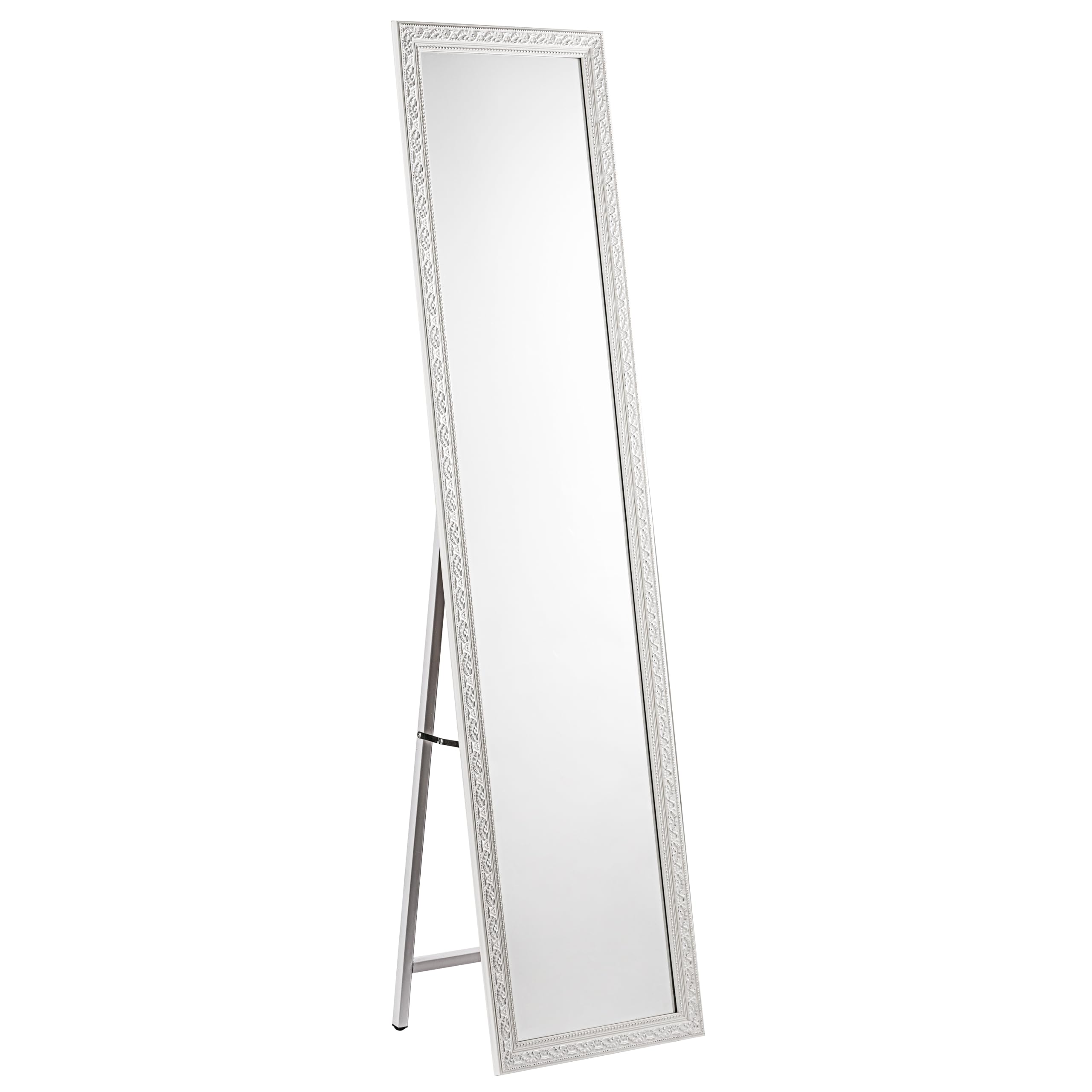 Baroni Home Espejo de Pie de Cuerpo Entero con Estructura de Acero, Espejo de Figura Completa con Soporte Plegable con Marco Decorado de Madera, Rizos Blancos, 40 X 150 cm