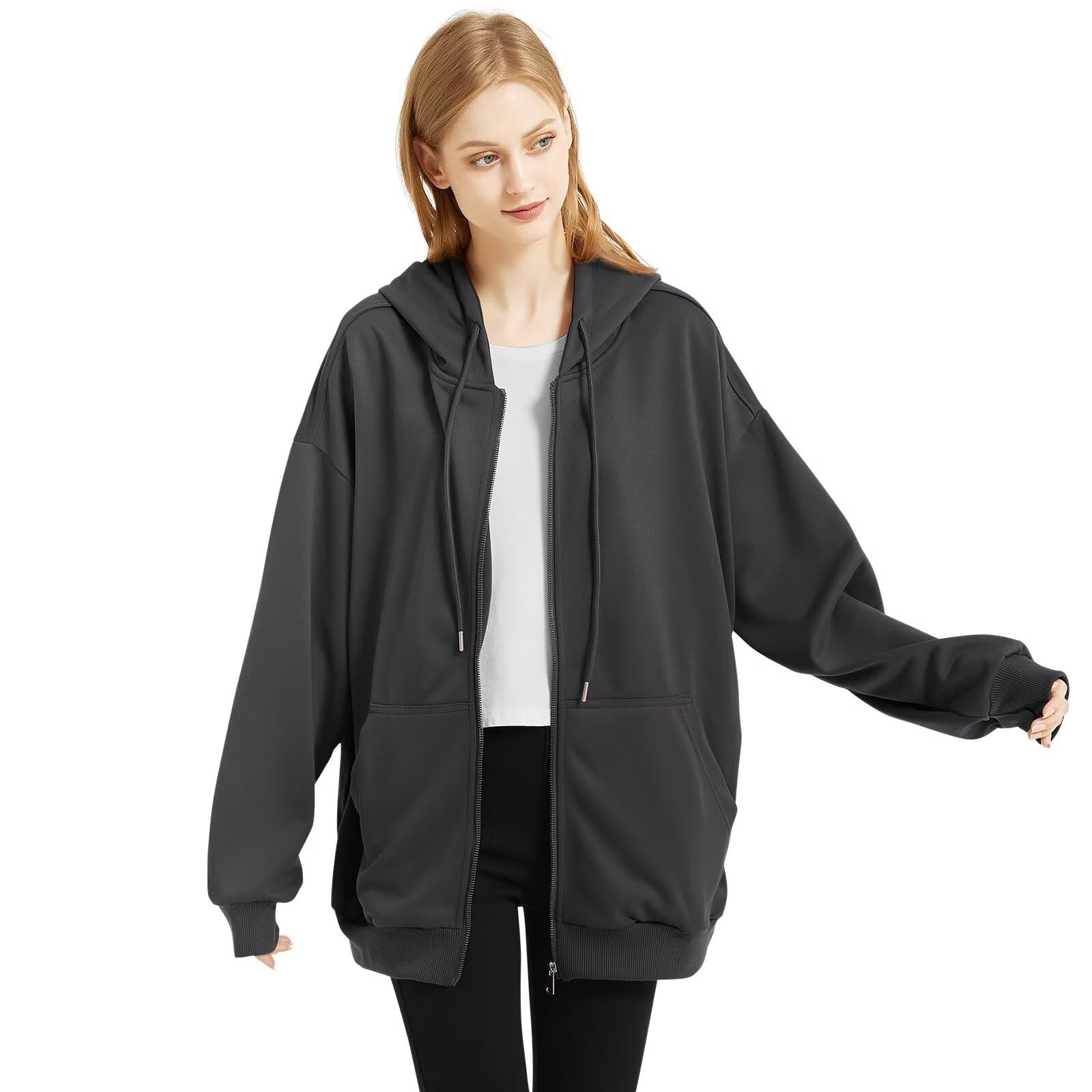 THREEGUNWomen's Hoodie, Large Size, Hooded, Oversize, Zip Hoodie, Outerwear, Loose, Sweatshirt, Top, Sweatshirt, Long Sleeve, Plain, Autumn Clothes