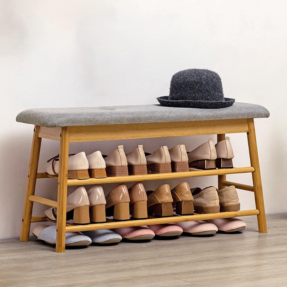 DODOBD Shoe Rack with Seat,Shoe Rack Bench,Bamboo Shoe Rack,Farmhouse Hallway Shoe Storage Bench,Shoe Bench Storage with Seat for Hallway Living Room Bedroom Bathroom Office,63/83CM