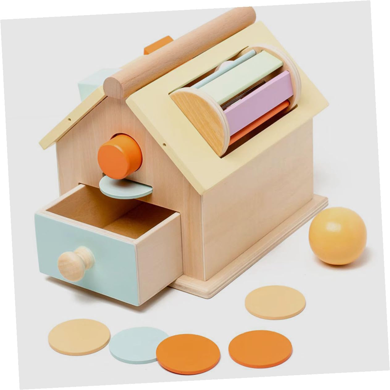 UKCOCO Juguete Sensorial de Madera Natural para Pequeños 1-3 Años Caja de Bolas y Monedas Montessori para Desarrollo Motriz y Coordinación Ojo-Mano Juguete Educativo Infantil Compacto