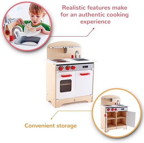 Miniatura 3 de Hape Juguete de cocina gourmet totalmente equipado de madera con fregadero, estufa, horno de hornear, gabinete, pomos giratorios y estante de