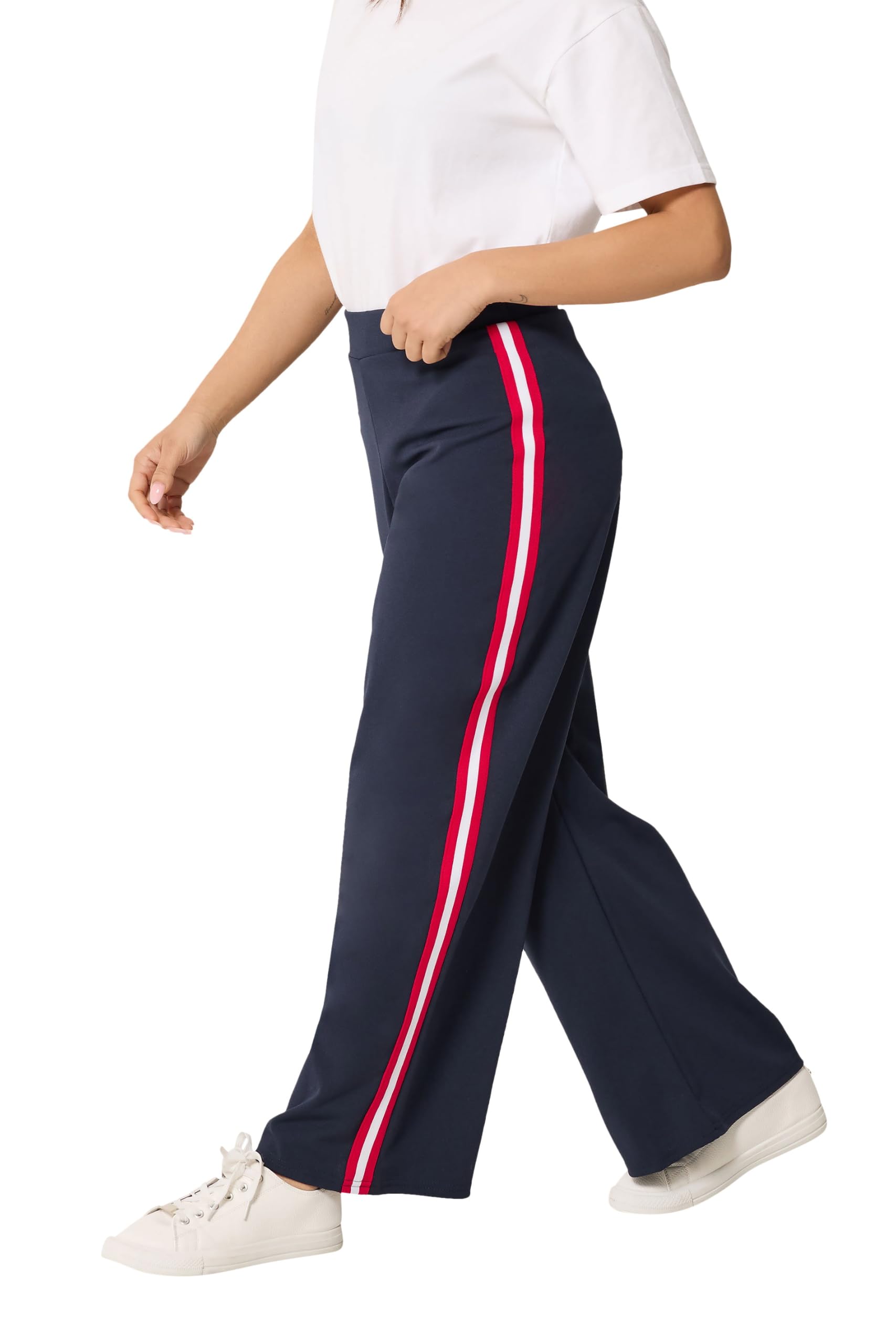 M&Co Women's Petite Side Stripe Wide Leg Trousers in Dark Navy | Size: 16