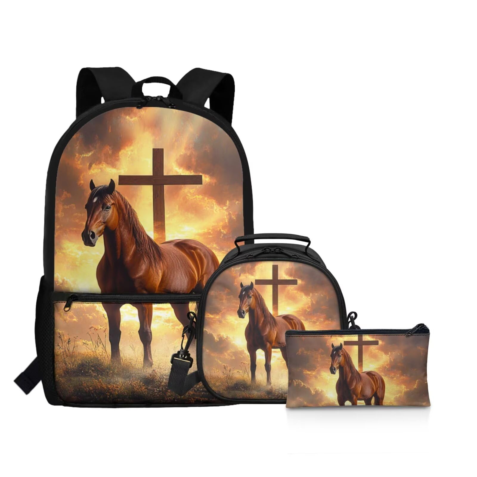 Showudesigns Cross Horse School Backpack for Boys 8-12 12-14 Middle High School Girls Bookbag with Lunchbox Pencil Case 3 In 1 Elementary Students