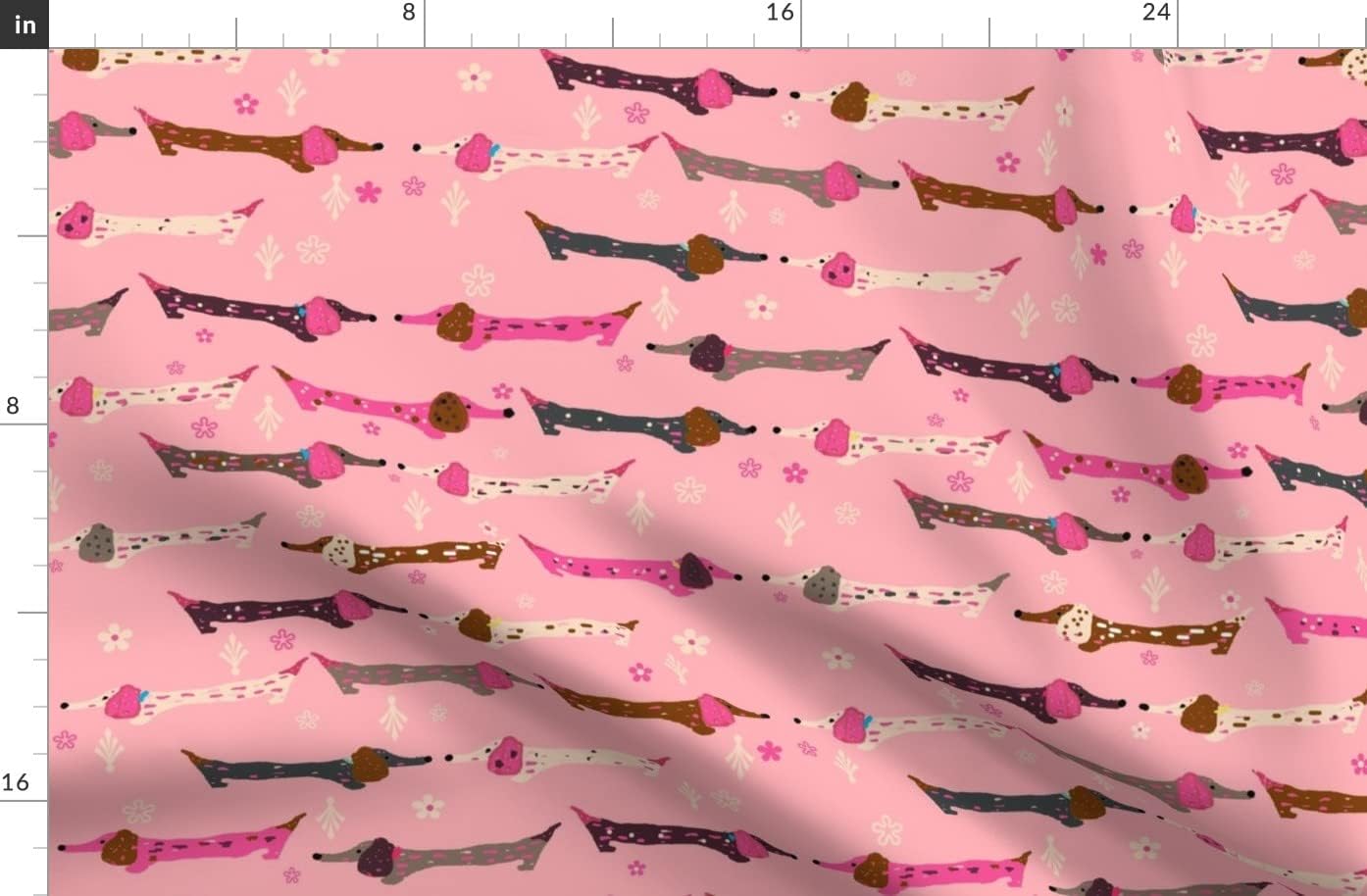Spoonflower Fabric - Dachshunds Pink Brown Gray Cute Dachshund Puppy Dogs Flowers Hot Dog Printed on Organic Cotton Sateen Fabric by The Yard - Sewing Quilting Apparel Home Decor