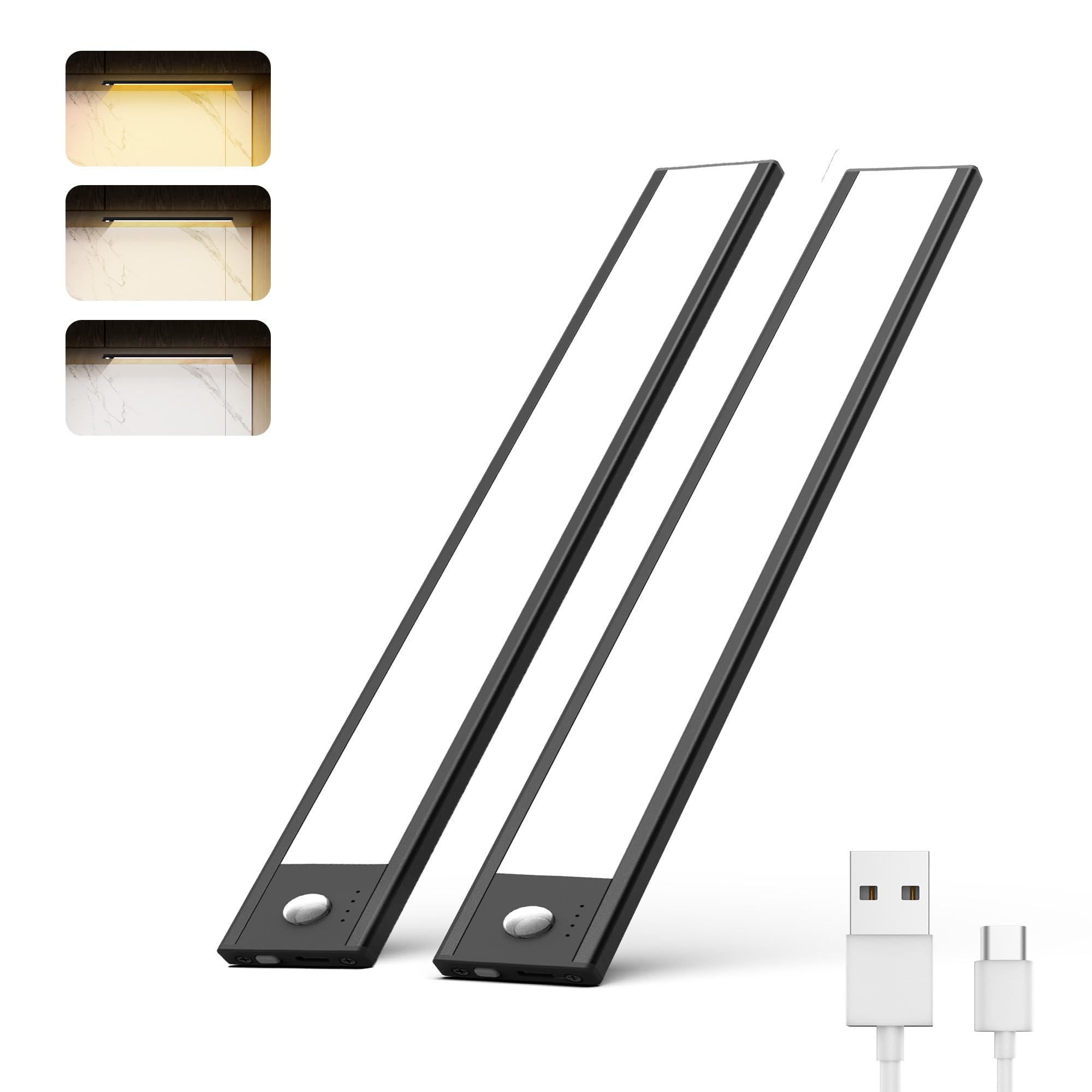 40 LED Under Cabinet Lights 2 Packs, 3 Color Temperatures Dimmable Motion Sensor Closet Lights, 1500mAh Rechargeable Under Counter, Wireless Night Lights for Drawer, Wardrobe, Kitchen, Hallway