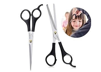 TWIREY Stainless Steel Hair Cutting Scissor for Men Women Professional Salon Barber Hairdressing Styling Tool Kit (Set Of 2,Black)
