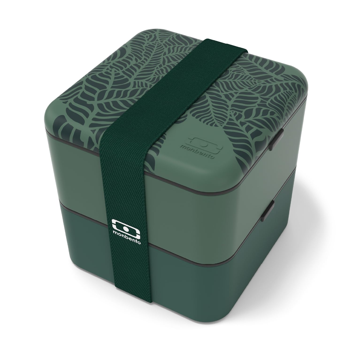 MONBENTO - Grande Bento Box MB Square Jungle con Scomparti Made in France - 2 Livelli Ermetici - Porta Pranzo Ideale per Ufficio/Scuola/Meal Prep - Senza BPA - Motivo Foglie - Verde