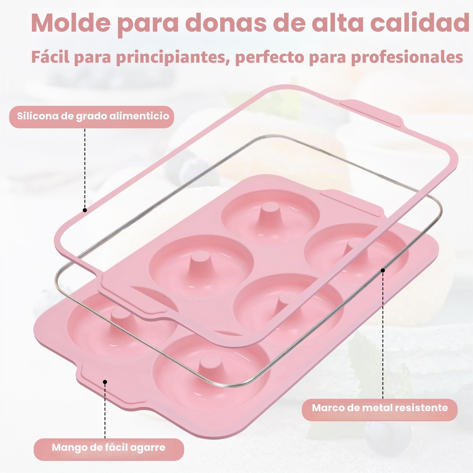 Molde para donuts de silicona 2-piezas: molde para donuts 10,2 cm | 6 cavidades y marco metálico para hornear bagels sin azúcar. Accesorio de cocina antiadherente para hornear (rosa y beige)