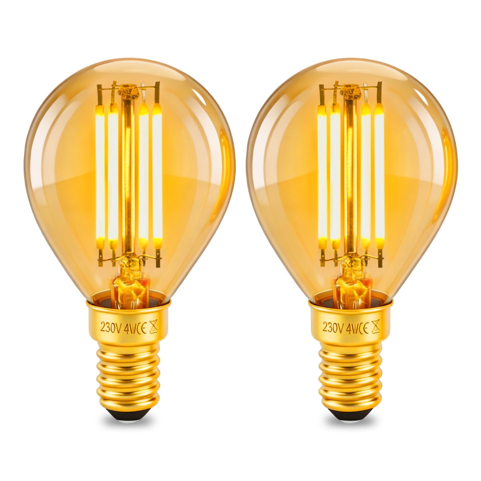 MLOQI 2 Pack E14 Vintage LED Light Bulb, G45, 4W, 400LM, 2200K Warm Yellow Glow, Antique Style Retro Amber Glass, Non-dimmable Edison Screw Bulb for Lamp