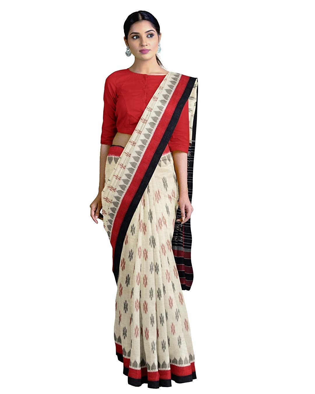HANDLOOM PARIDHAAN Odisha Handloom Pure Cotton Handwoven Soft Cotton Women's Ikat Cotton Saree Cream With Red Without Blouse Piece (Dbd001_Off-White)