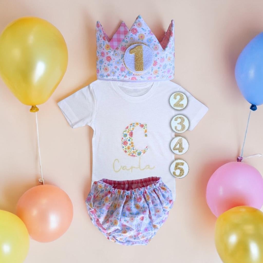Genérico - Conjunto Cumpleaños 1 año Personalizado - Camiseta con nombre Bebé - Regalo primer cumpleaños - Smash Cake - Corona cumpleaños