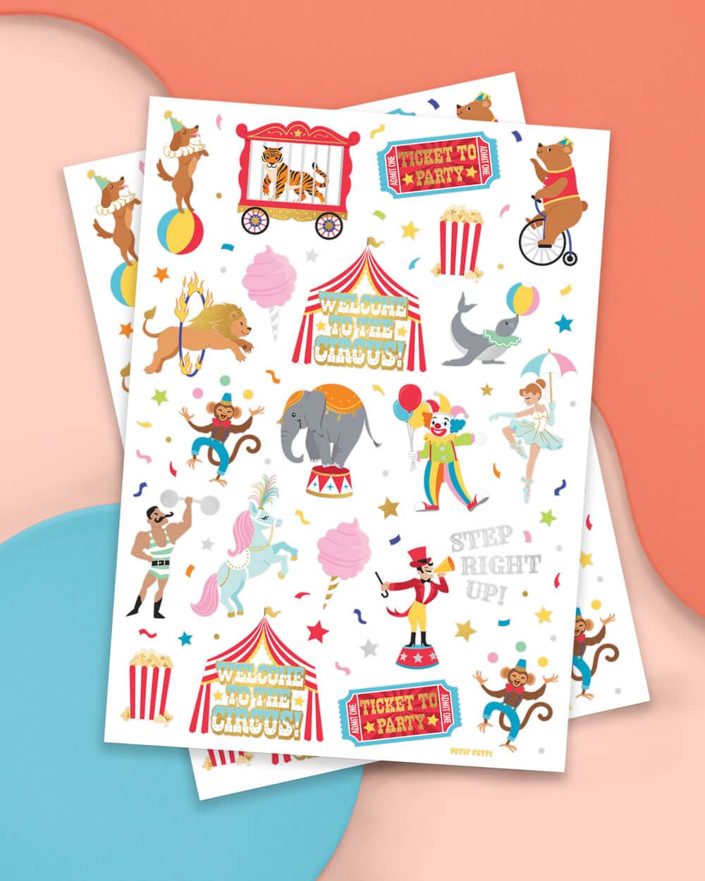 xo, Fetti Circus Party Temporary Tattoos - 42 Gold + Silver Foil Styles | Circus Birthday Party Supplies, Carnival Party Favors, Circus Animals Temp Tats, Clown Arts and Crafts (Pack of 2)(8.25inchesx6 Inch (Pack of 2))