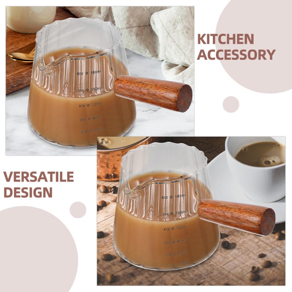 Jarra Medidora de Vidrio Pequeña 180ml Asa de Madera, 2 Piezas | Compacta y Portátil, para Medir Ingredientes, Resistente a Temperaturas, Uso en Cocina y Viajes