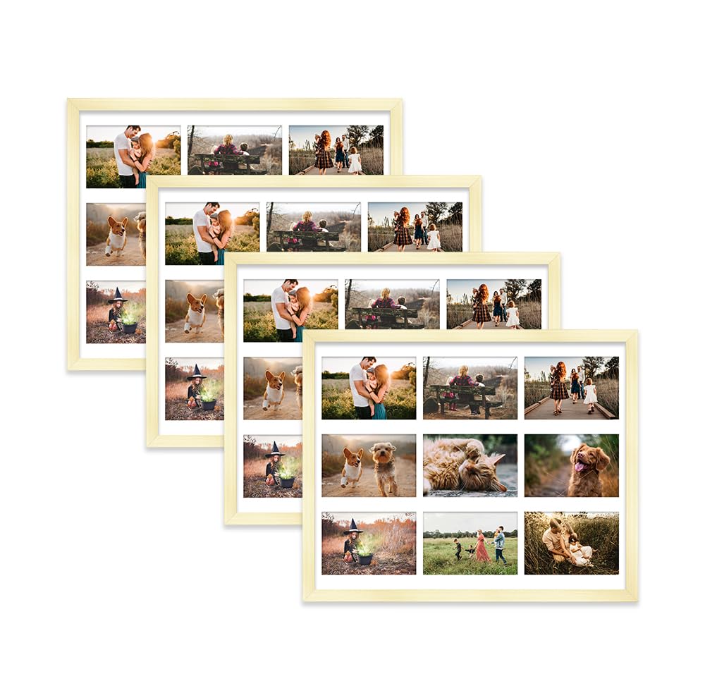 Gold Multi Photo Frame - Holds 9 x 6x4 Pictures, Family Collage Picture Frame for Wall Display, 20x16 Frame size, Set of 4