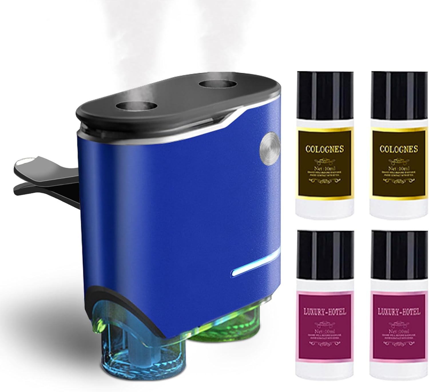 Smart Car Air Fresheners Diffuser with 4pcs Essential Oils, Automotive Scent Dispenser Rechargeable Aromatherapy Diffuser Vent Clip for Cars, 3 Adjustable Modes (Blue)