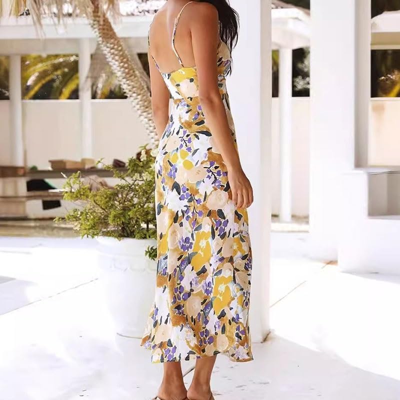 JSEIAJB Sleeveless Slit Suspenders Skirt High Waist V-Neck Dress Fashion Beach Backless Dress