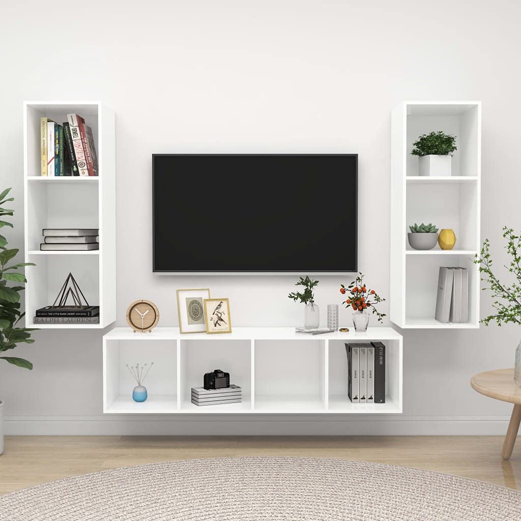 3-TLG. TV-Schrank-Set Weiß, Holzwerkstoff, Hängend, Modernes Design, Viel Stauraum für Wohnzimmer, Schlafzimmer, Media-Center, Einfache Reinigung