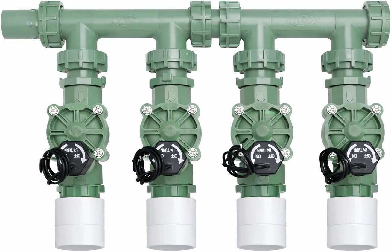 Orbit WaterMaster 4-Valve Preassembled Sprinkler Manifold with Easy Wire + (4) 1-Inch PVC Couplings Included | Irrigation Valve System | Smart Controller Compatible