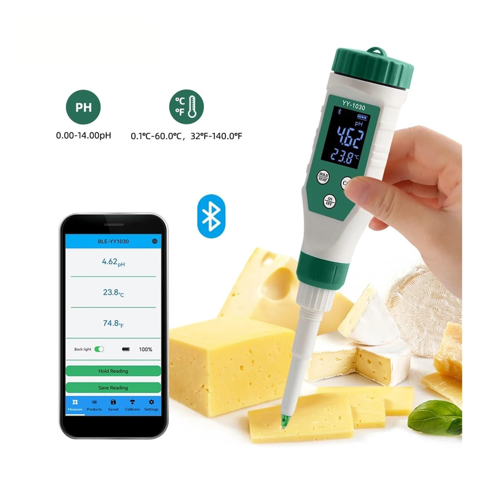 Humidimètre, Testeur de pH Alimentaire numérique Bluetooth 0,00 à 14, capteur Haute précision, testeur d'acidité intellint for Le brassa, froma, la Viande et Mise en Conserve Fruits