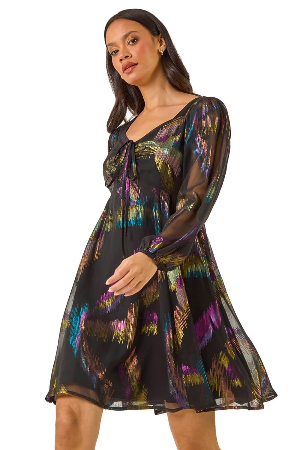 Roman Foil Print Tie Front Fit & Flare Dress for Women UK - Ladies Autumn Everyday Winter Holiday V-Neckline Comfy Long Sleeve Soft Knot Detail Frock Dinner Date Gowns - Noir - Size 10