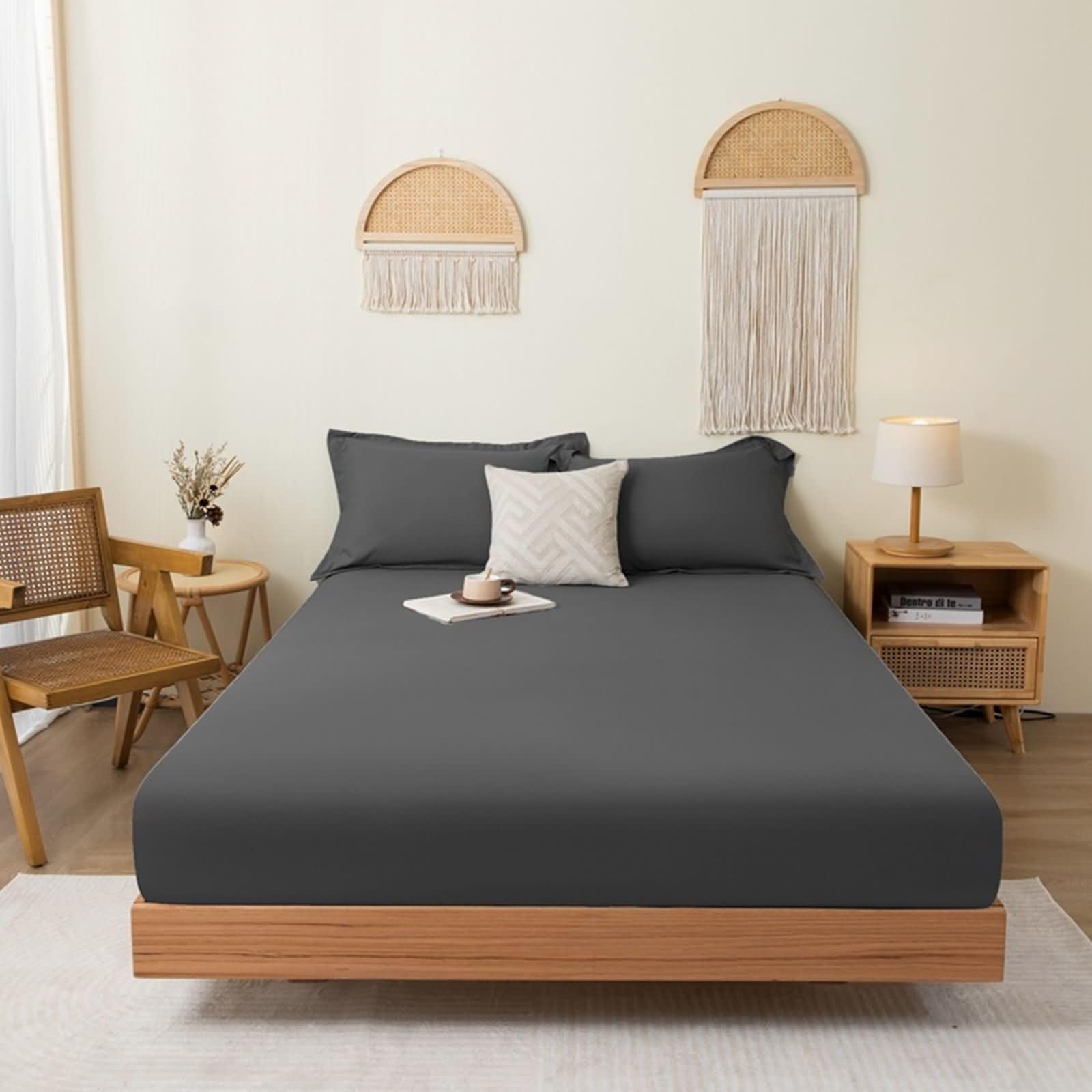 Lenzuolo Cotone Matrimoniale con Angoli, Tinta Unita, 180 x 220 CM, Nero Grigio