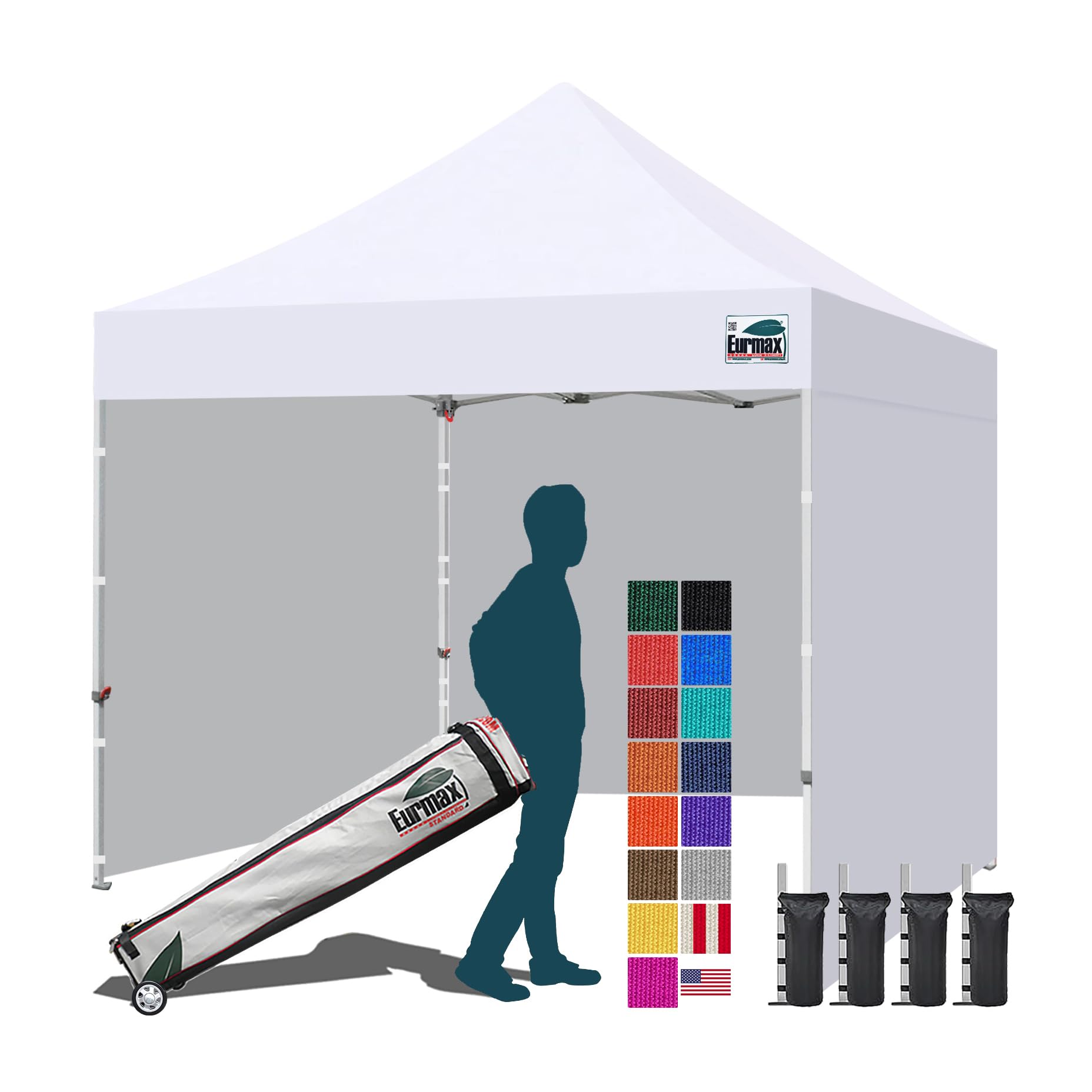 Eurmax USA 10x10 Pop Up Canopy Tent,Commercial Tent with Patented No-Tip Rolling Bag,4 Zippered Removable Walls,UV &amp; Water Resistant Canopy Top,Heavy Duty Outdoor Gazebo,Instant Shelter(White)
