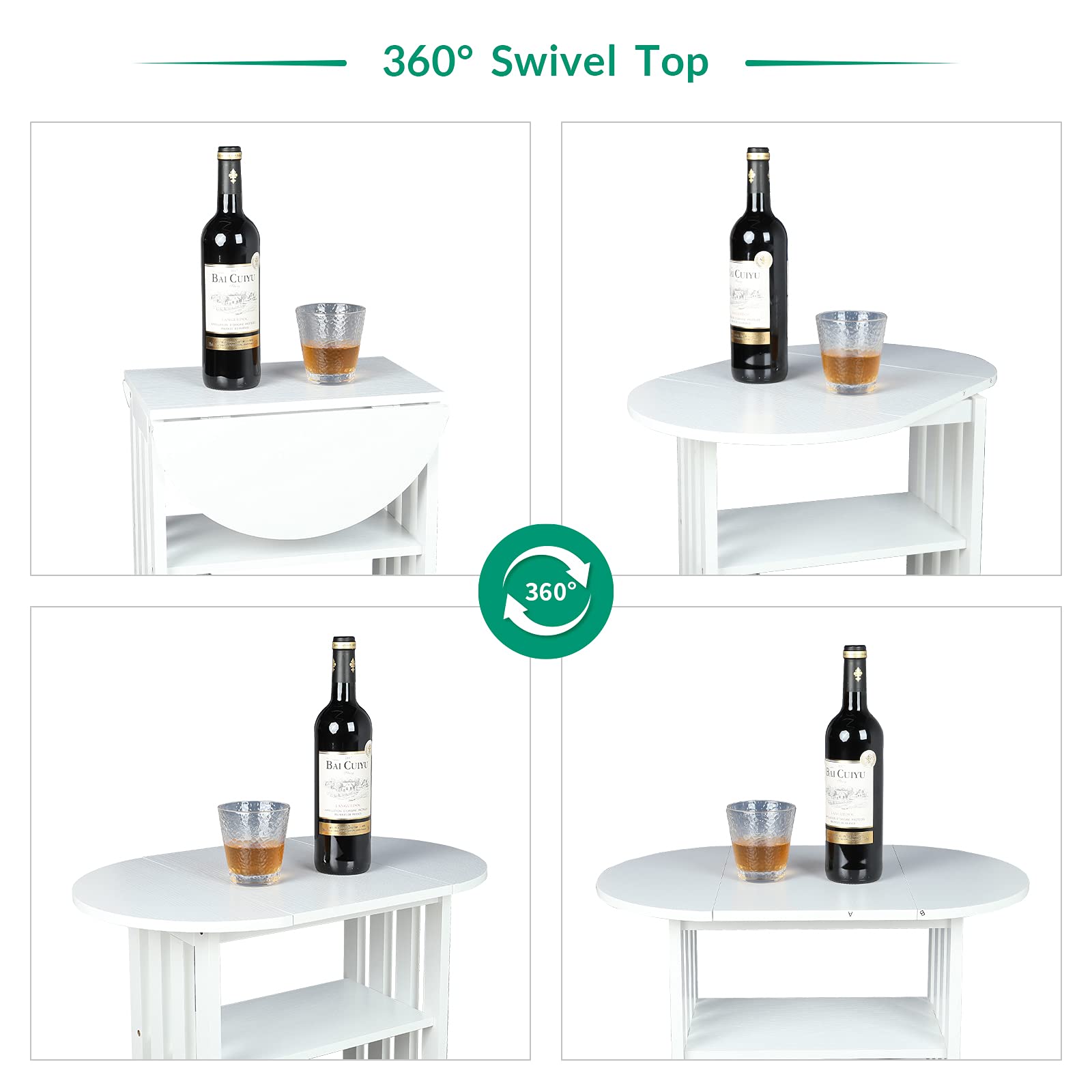 VIVIJASON Folding Side End Table – Multifunction Nightstand with Storage Shelves – 3-Tier Adjustable Magazine Rack Table – Small Coffee Snack End Table with Rotating Tabletop for Living Room (White)