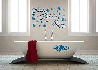 Bathroom Soak Relax Enjoy Wall Decals Sticker,Funny Quote Bath Wall Decoration Background Blue Bubbles Decor Vinyl Wallpaper Mural for Bathroom Spa Washroom Toilet