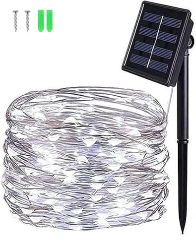 BOLWEO Solar String Lights, 50 LED 5M Sliver Wire Solar Fairy Light,Waterproof Garden Lights for Patio Fence Camping Outside Wedding Party Festival Christmas Decor (Cool White)