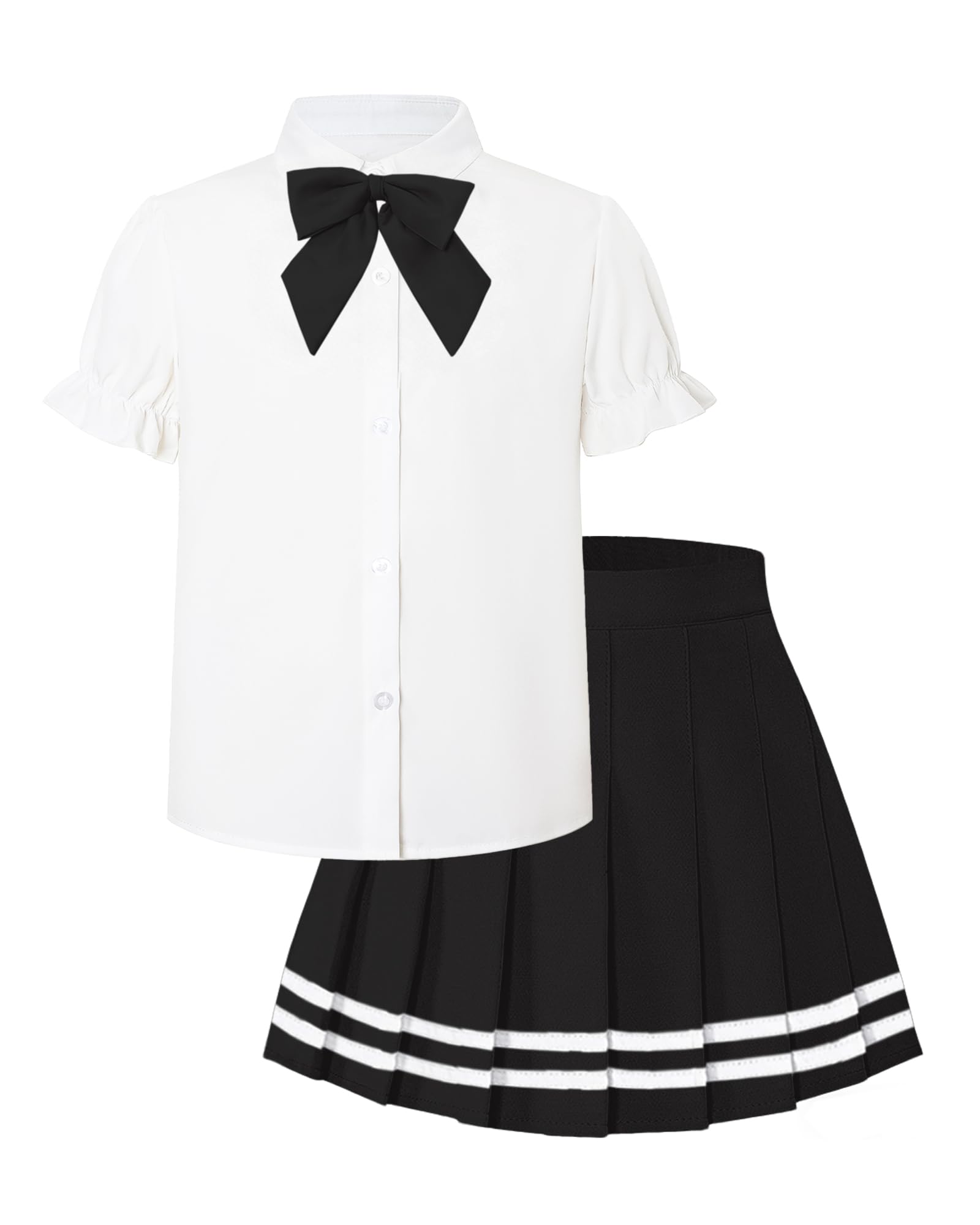 Betusline Girls Skirt Set JK School Uniform 2-Piece Outfit - Short Sleeve Shirt with Bow &amp; Webbing Style Solid Pleated Skirt,Webbing Black, 4-5 T = Tag 120