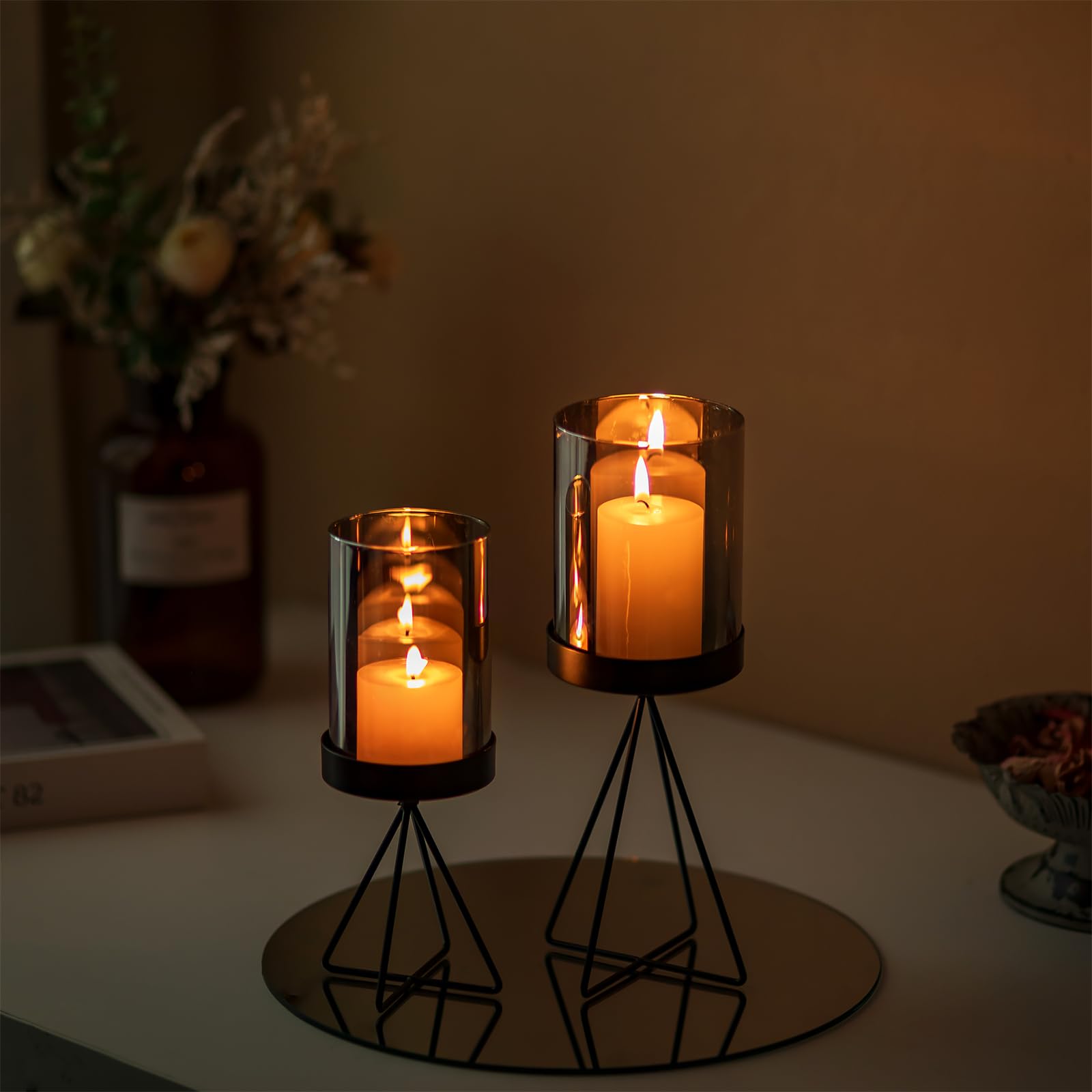 Sziqiqi Portavelas de Columna Negro Decoración: Candeleros Metal con Cilindro de Vidrio Gris Decoración Mesa - Moderno Portavelas de Velas Pequeñas Geométrico para Sala Chimenea Ventanales Exteriores