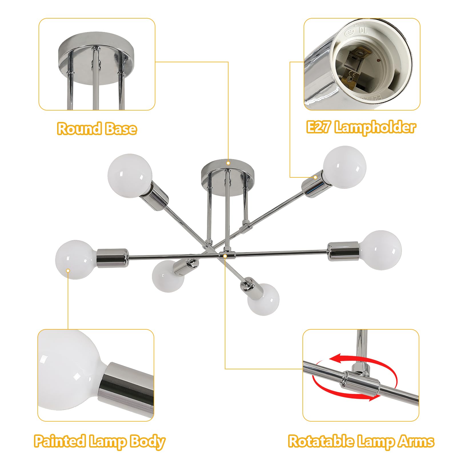 Goeco Lampadario Sputnik Vintage, E27 Plafoniera da Soffitto Industrial con 6 Portalampada, Lampada da Soffitto in Metallo per Camera da Letto Soggiorno, (Senza Lampadina), Cromo Dia. 60 cm