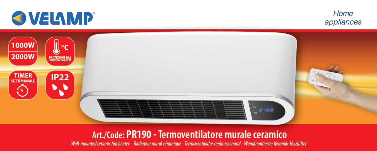 VELAMP - Termoventilatore Ceramico 2000W per Spazi da 20m² e Bagno Antispruzzi - Stufa Elettrica da Parete con Display e Telecomando - Radiatore a Riscaldamento Rapido, Timer Regolabile e Ventilazione